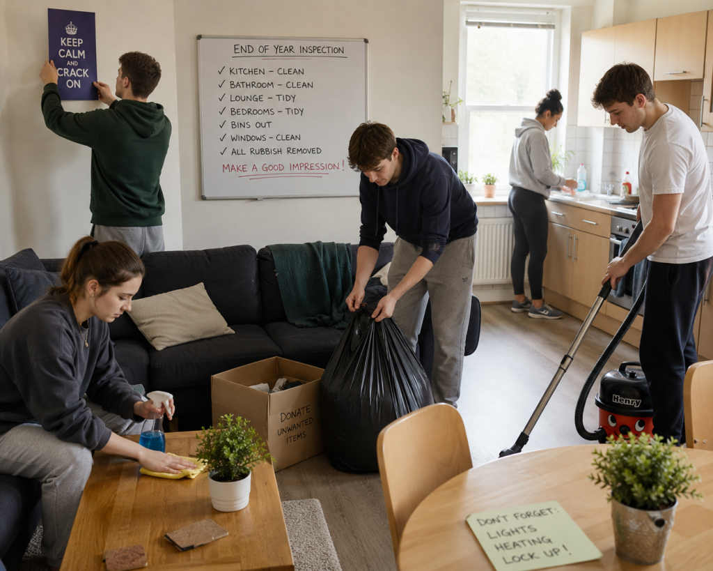 Students cleaning their property ensuring a full student deposit return in Nottingham