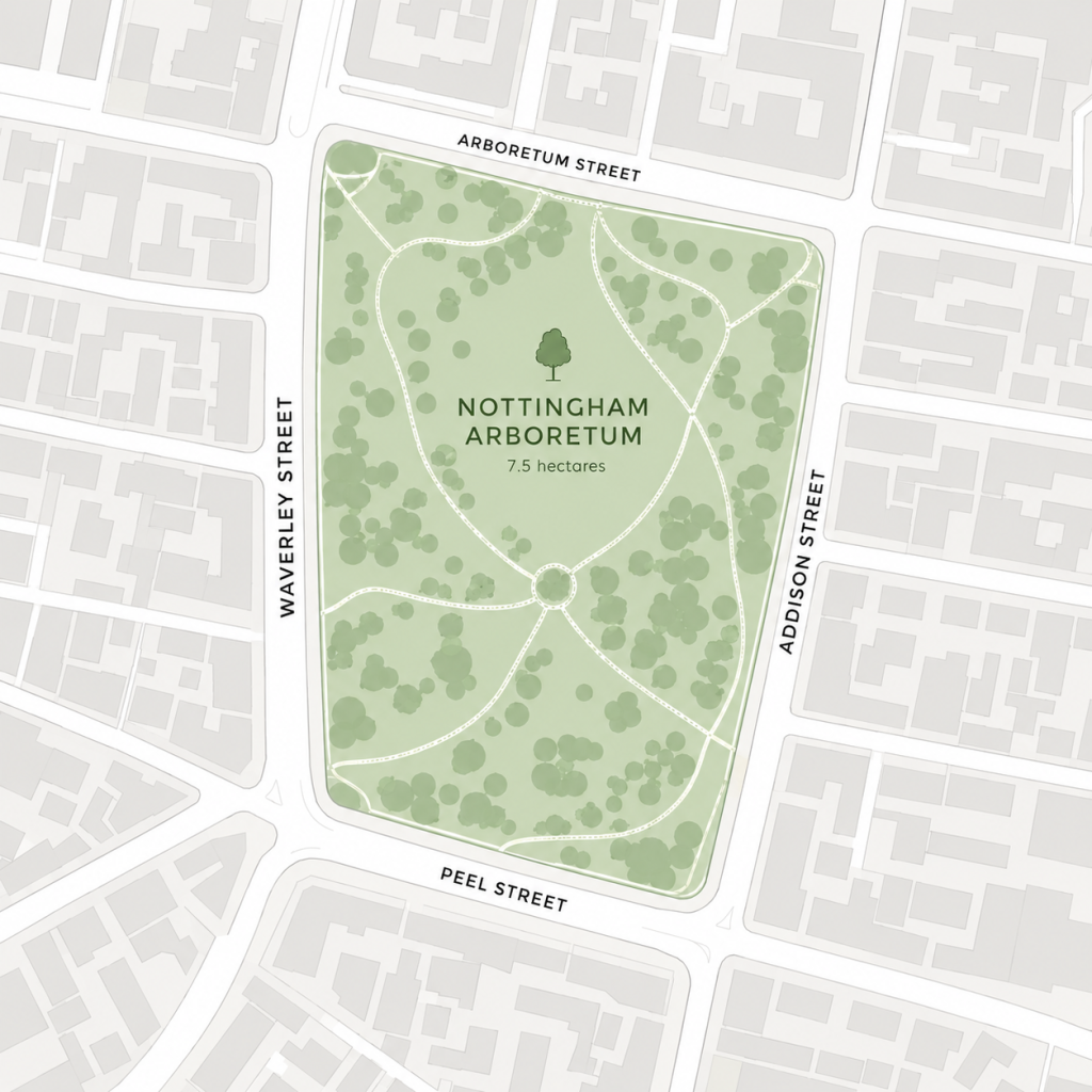 A map of Nottingham highlighting the main streets of The Arboretum student housing district