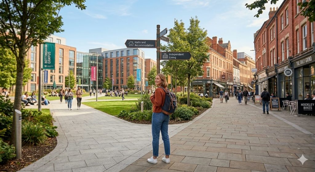 A student choosing between university halls vs independent student living in Nottingham