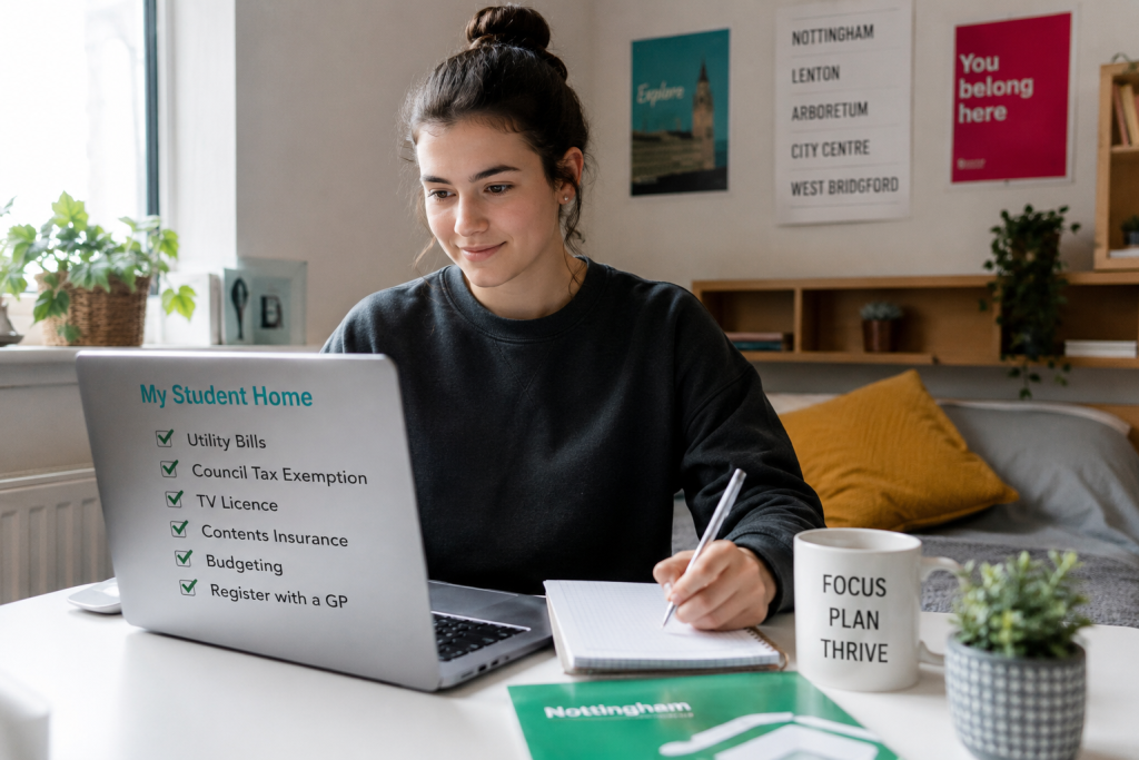 A relaxed student checking off an accommodation checklist before starting university in Nottingham