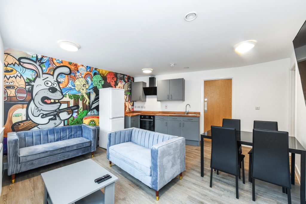 Communal living area with Smart TV at 8A King Street student flats in Nottingham