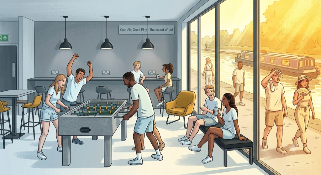 Students playing foosball in the air-conditioned communal lounge at Boulevard Wharf luxury student accommodation Nottingham